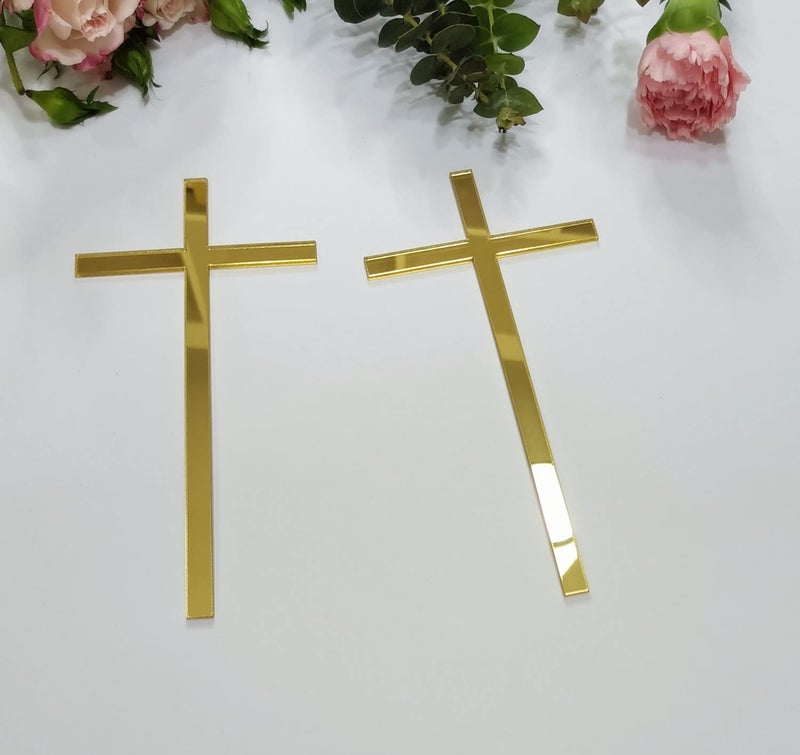 XIAOYUE 12pcs Cross Cake Charm, Slim Acrylic Christening Baptism Confirmation Decoration (6'', Gold Mirror) - Image 1